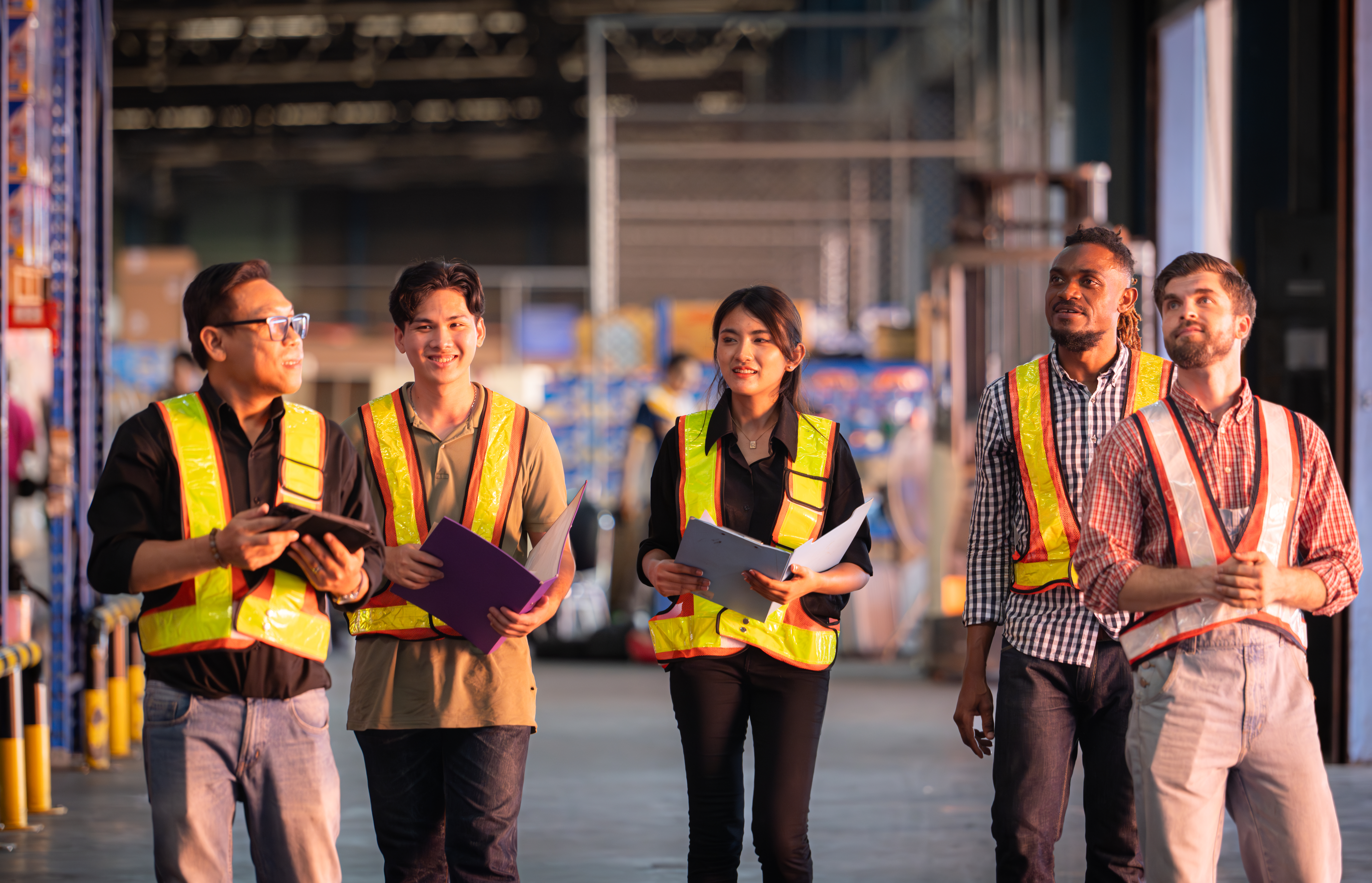 A group of warehouse employees, Inspecting products on warehouse