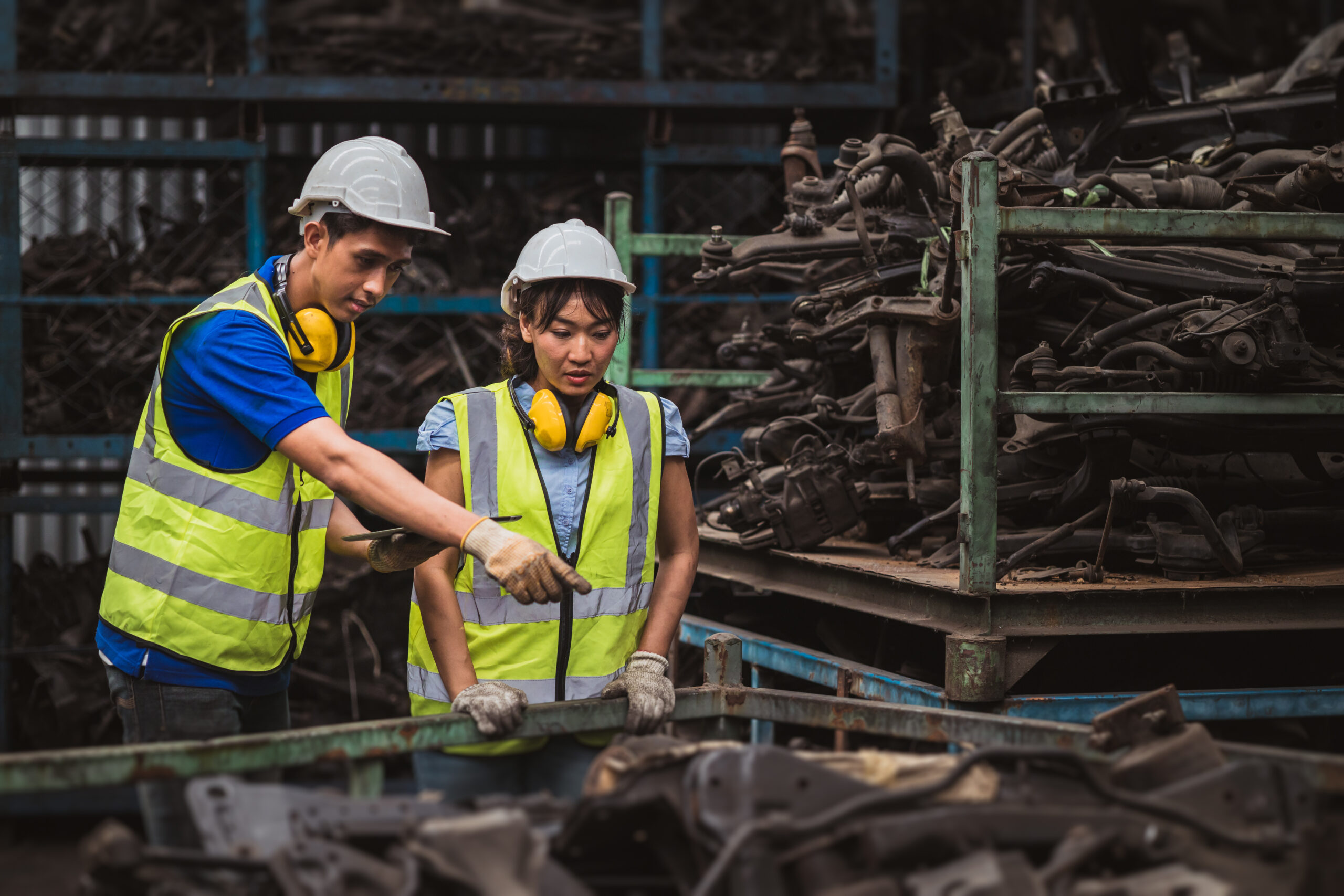 Asian male and woman worker happy working together in heavy industry factory