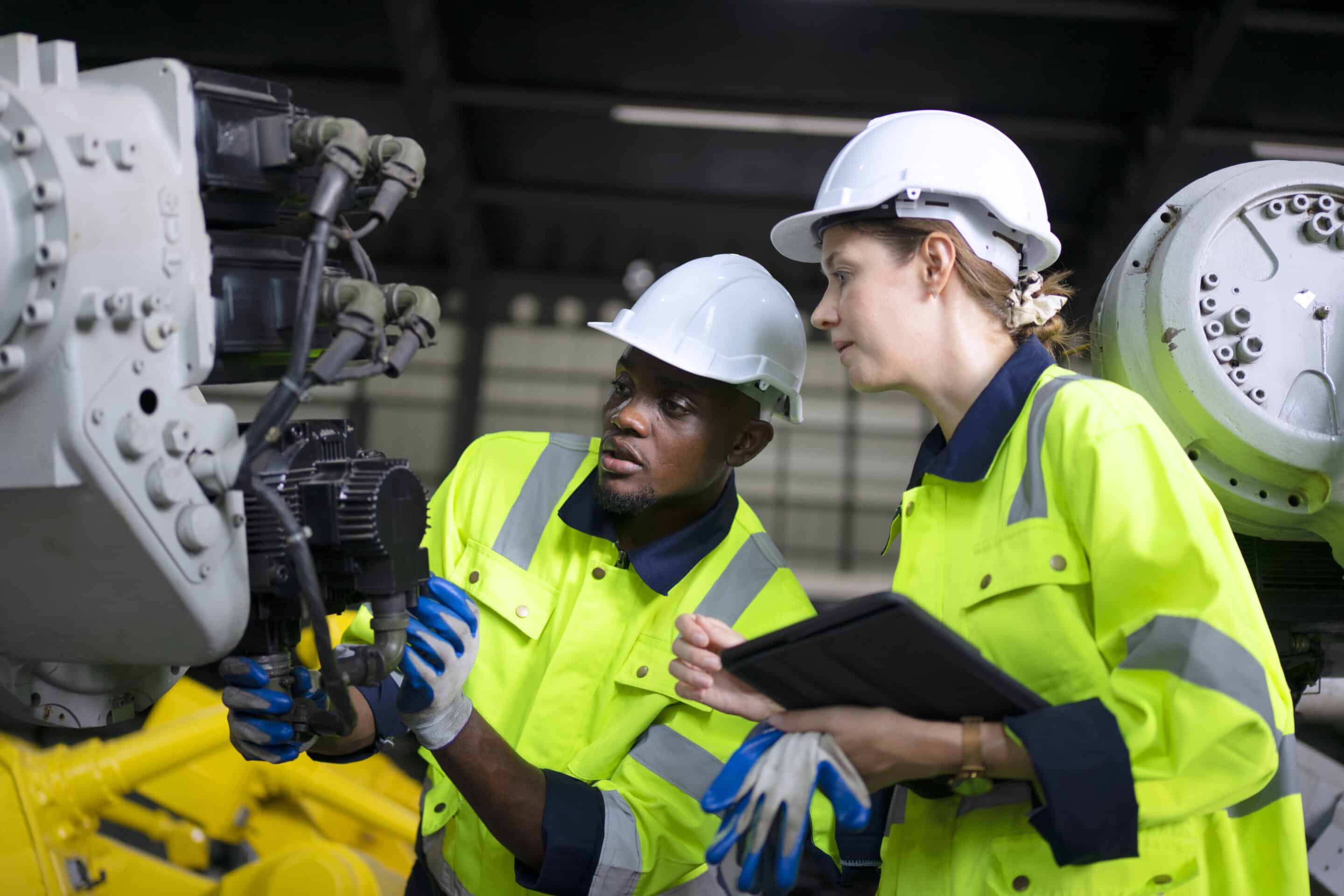 Deux ingénieurs industriels portant des casques de sécurité et des vestes fluorescentes inspectent une machine robotique dans une usine. L’un tient une tablette tandis que l’autre pointe la machine, illustrant le travail d’équipe et l’analyse des performances.Deux ingénieurs industriels portant des casques de sécurité et des vestes fluorescentes inspectent une machine robotique dans une usine. L’un tient une tablette tandis que l’autre pointe la machine, illustrant le travail d’équipe et l’analyse des performances.