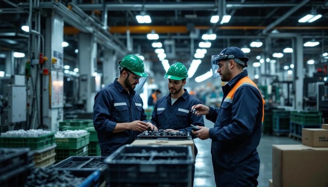 tmp1nkxlg_y.jpeg Équipe de production échangeant lors d'un briefing de relève en entrepôt industriel