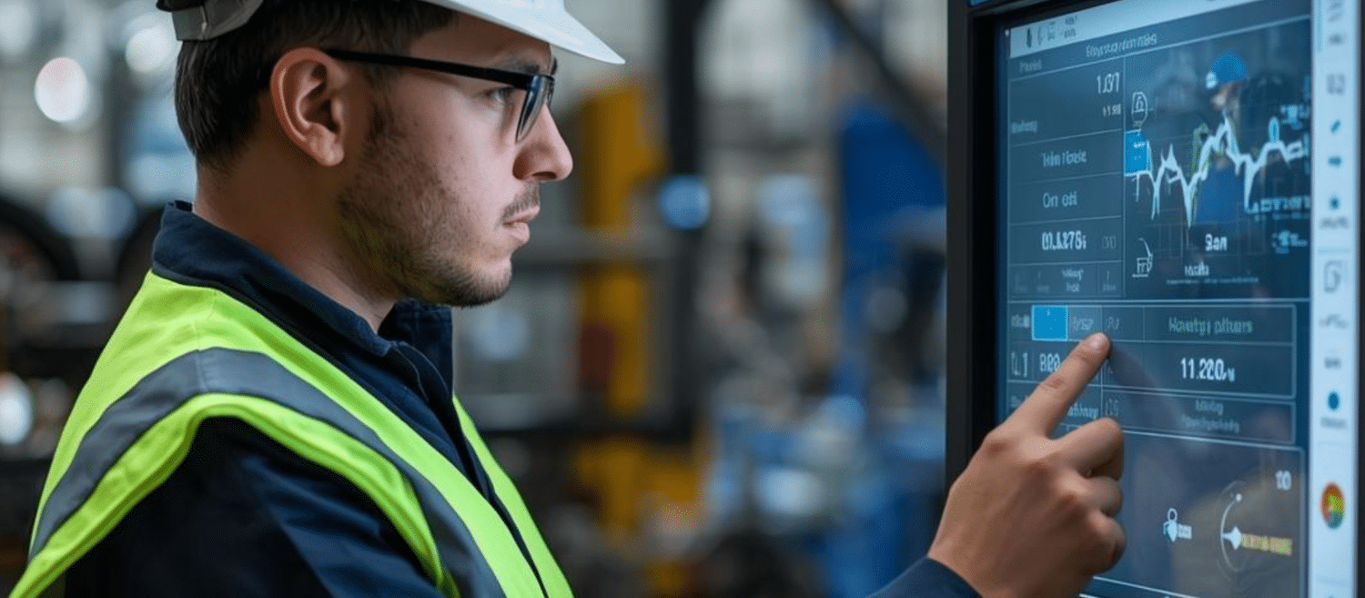 Opérateur industriel consultant un tableau de bord de production en temps réel sur écran tactile
