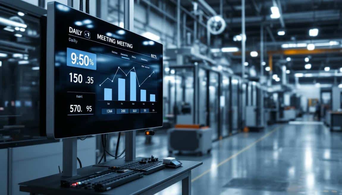 Factory floor dashboard displaying real-time OEE metrics and production monitoring data on digital screens.